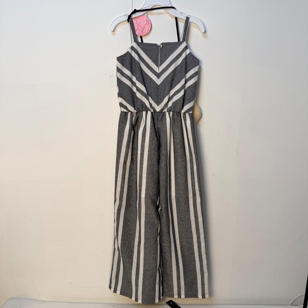 Paisley Lane Girls Grey White Striped Jumpsuit with Straw Bag Size 6